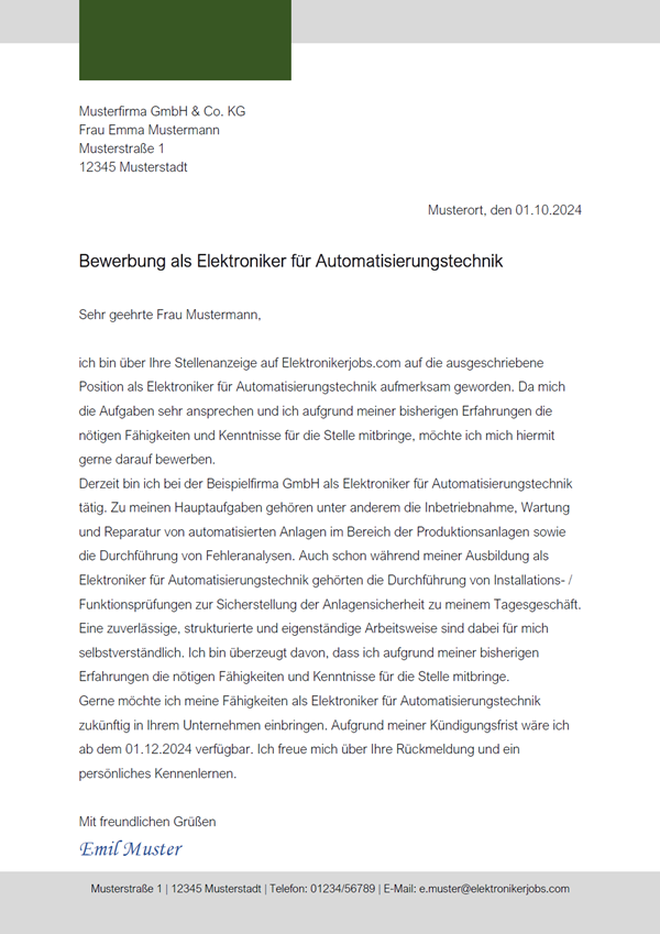 Vorlage / Muster: Bewerbungsanschreiben als Elektroniker / Elektronikerin für Automatisierungstechnik