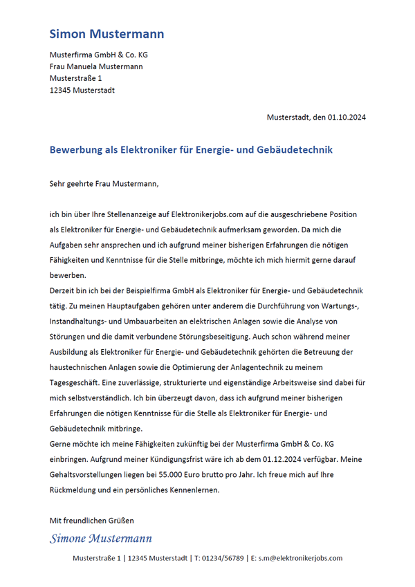 Vorlage / Muster: Bewerbungsanschreiben Elektroniker / Elektronikerin für Energie- und Gebäudetechnik