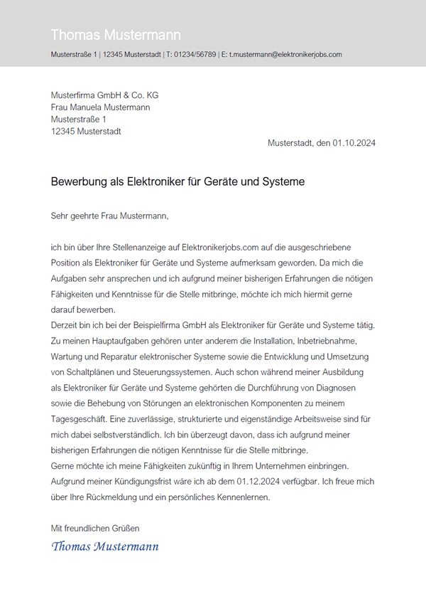 Vorlage / Muster: Bewerbungsanschreiben Elektroniker / Elektronikerin für Geräte und Systeme