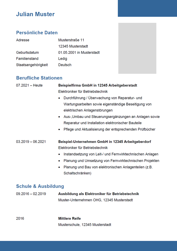 Vorlage / Muster: Lebenslauf als Elektroniker / Elektronikerin für Betriebstechnik