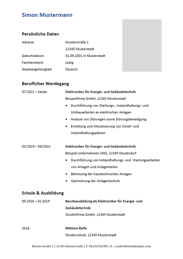 Vorlage / Muster: Lebenslauf Elektroniker / Elektronikerin für Energie- und Gebäudetechnik