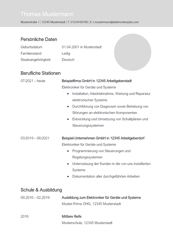 Vorlage / Muster: Lebenslauf Elektroniker / Elektronikerin für Geräte und Systeme